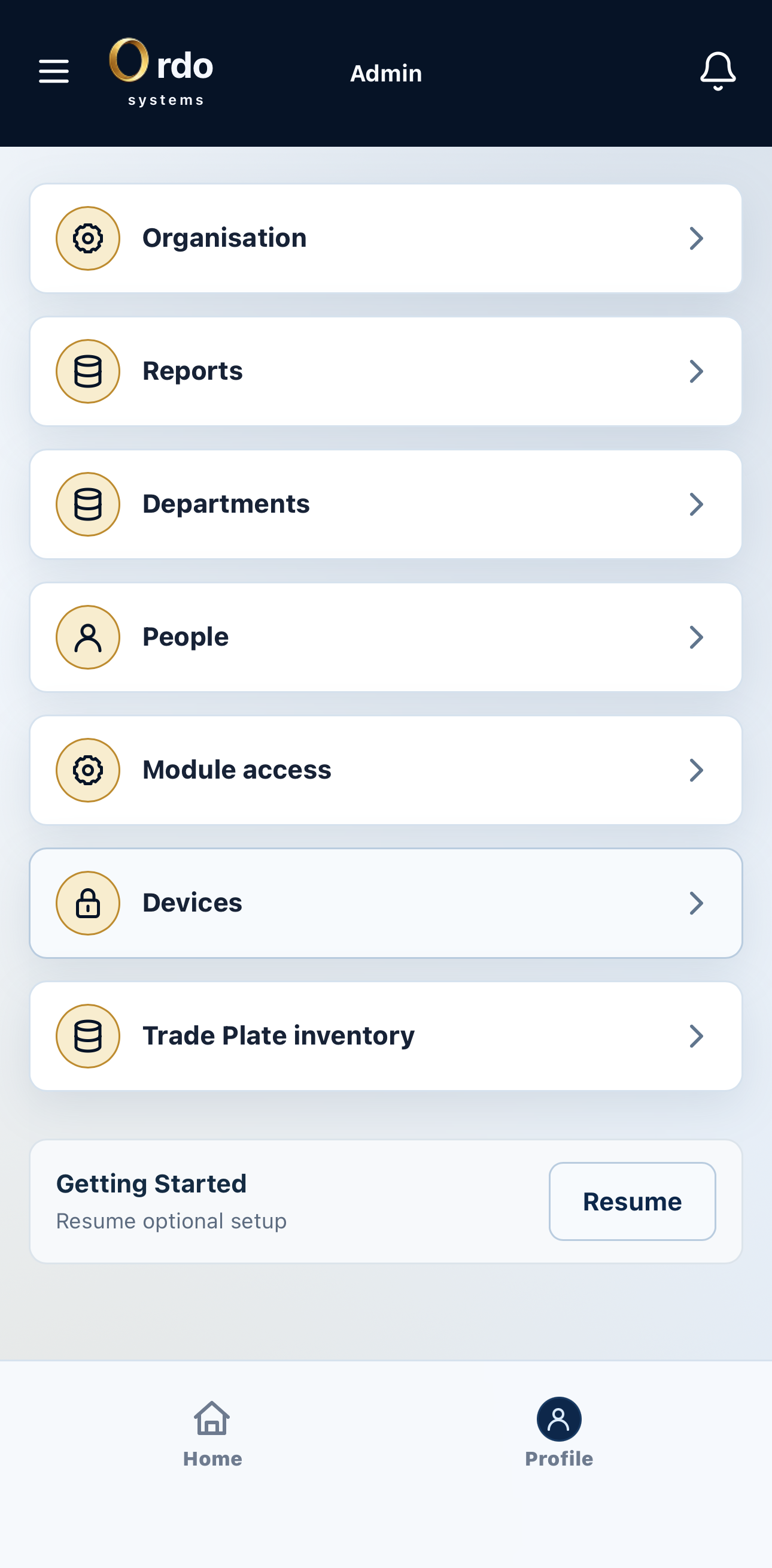 Ordo Systems iOS administration interface for managing access and operational settings
