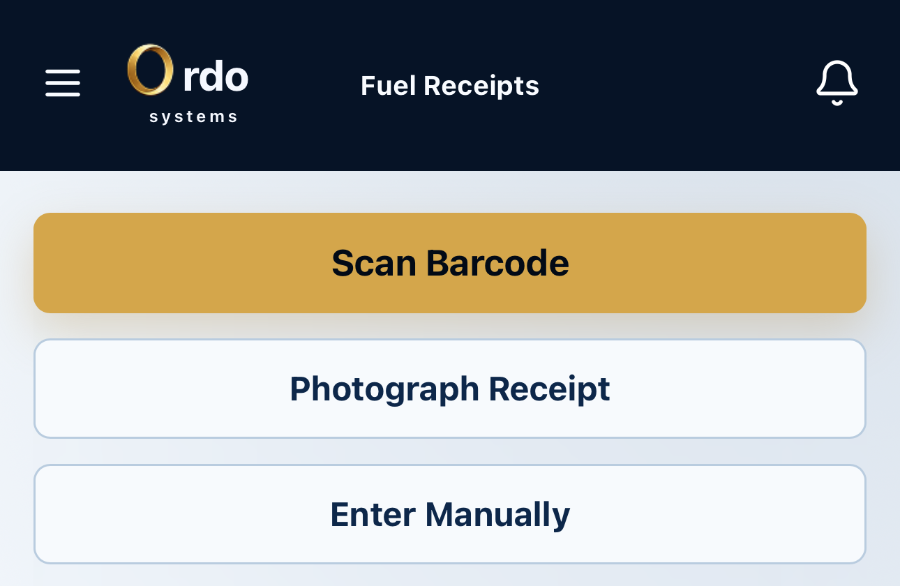 Ordo Systems fuel receipt capture options: barcode scan, photo and manual entry