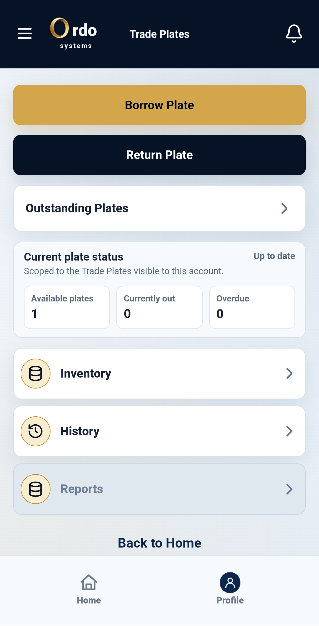 Ordo Systems Android Trade Plates testing interface with identifying records removed